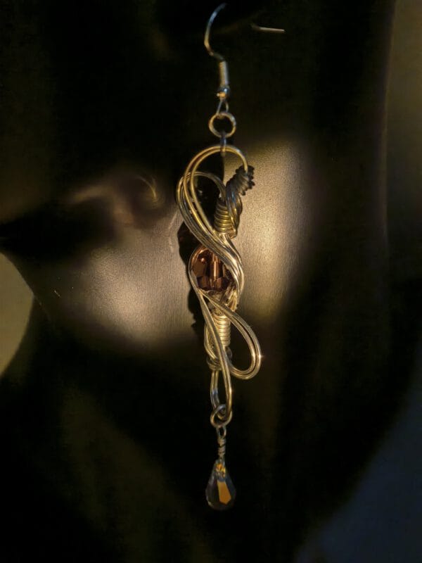 Wire Wrapped Earrings – Silver Infinity Swirl with Crystal Teardrop, Boho Spiritual Jewelry