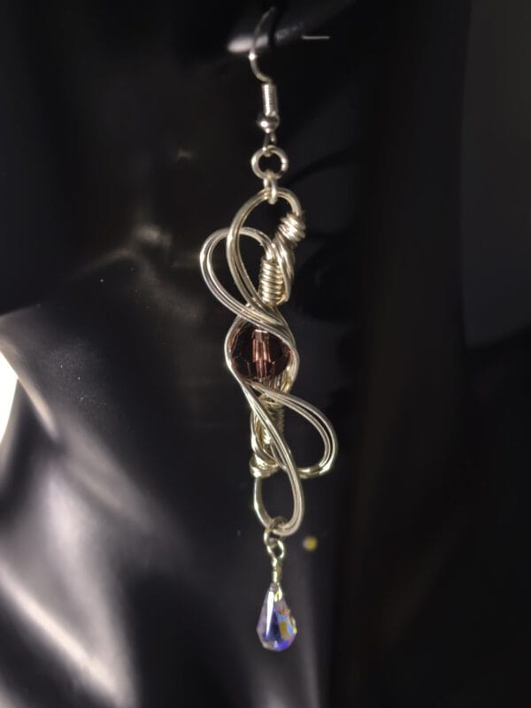Wire Wrapped Earrings – Silver Infinity Swirl with Crystal Teardrop, Boho Spiritual Jewelry