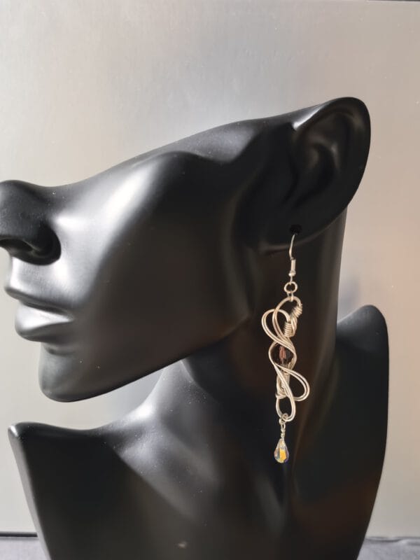 Wire Wrapped Earrings – Silver Infinity Swirl with Crystal Teardrop, Boho Spiritual Jewelry