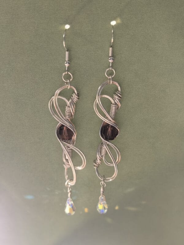 Wire Wrapped Earrings – Silver Infinity Swirl with Crystal Teardrop, Boho Spiritual Jewelry