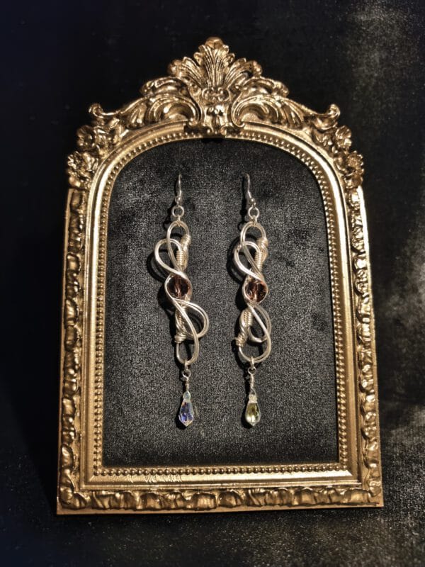 Wire Wrapped Earrings – Silver Infinity Swirl with Crystal Teardrop, Boho Spiritual Jewelry