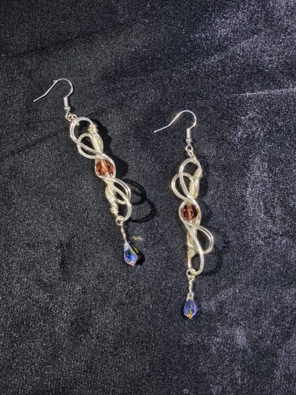 Wire Wrapped Earrings – Silver Infinity Swirl with Crystal Teardrop, Boho Spiritual Jewelry