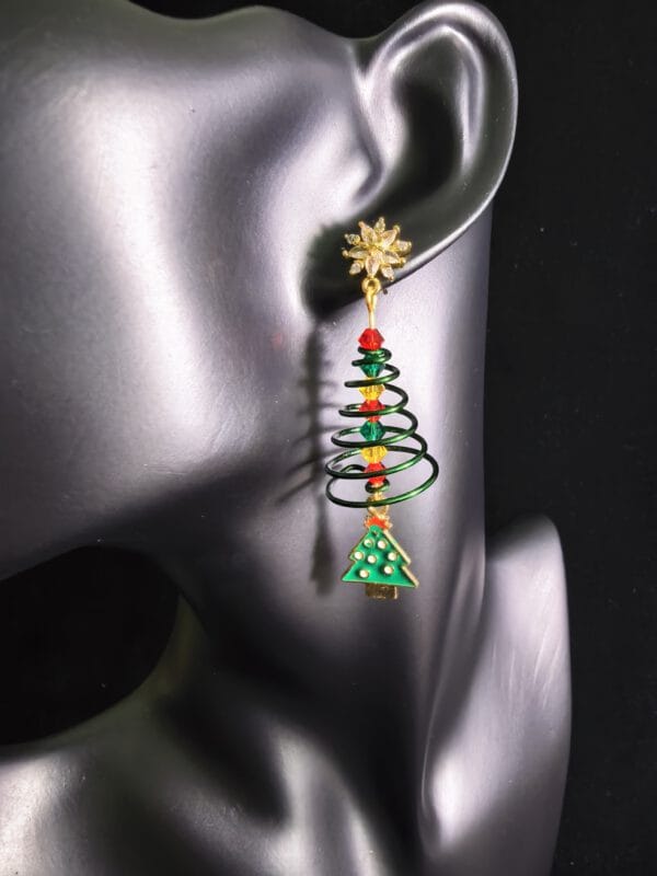 Handmade Wire Wrapped Christmas Tree Earrings with Preciosa Crystals and Floral Studs, Red & Green