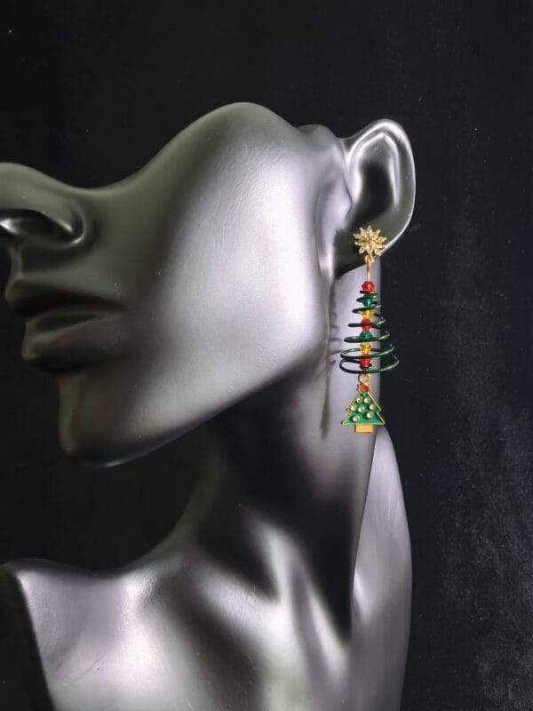 Handmade Wire Wrapped Christmas Tree Earrings with Preciosa Crystals and Floral Studs, Red & Green