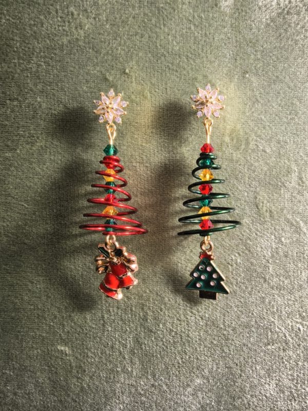 Handmade Wire Wrapped Christmas Tree Earrings with Preciosa Crystals and Floral Studs, Red & Green