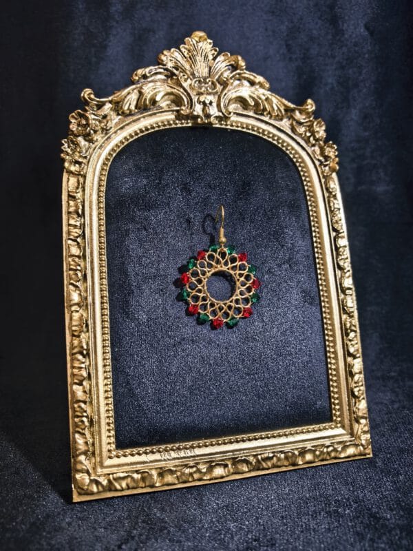 Christmas Wreath Earrings: Gold Filled Red & Green Beaded Hoops