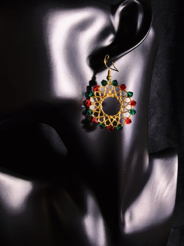 Christmas Wreath Earrings: Gold Filled Red & Green Beaded Hoops