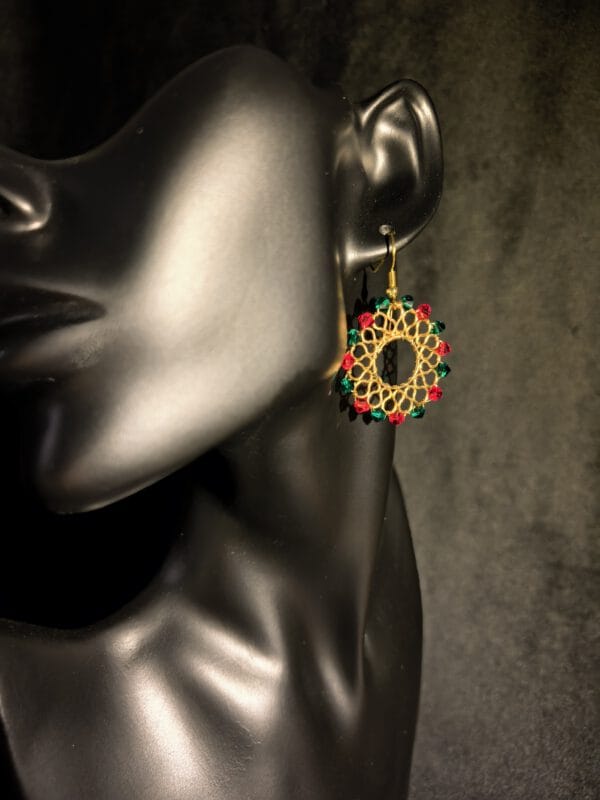 Christmas Wreath Earrings: Gold Filled Red & Green Beaded Hoops