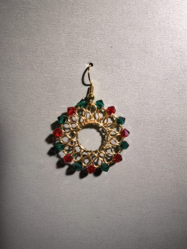 Christmas Wreath Earrings: Gold Filled Red & Green Beaded Hoops